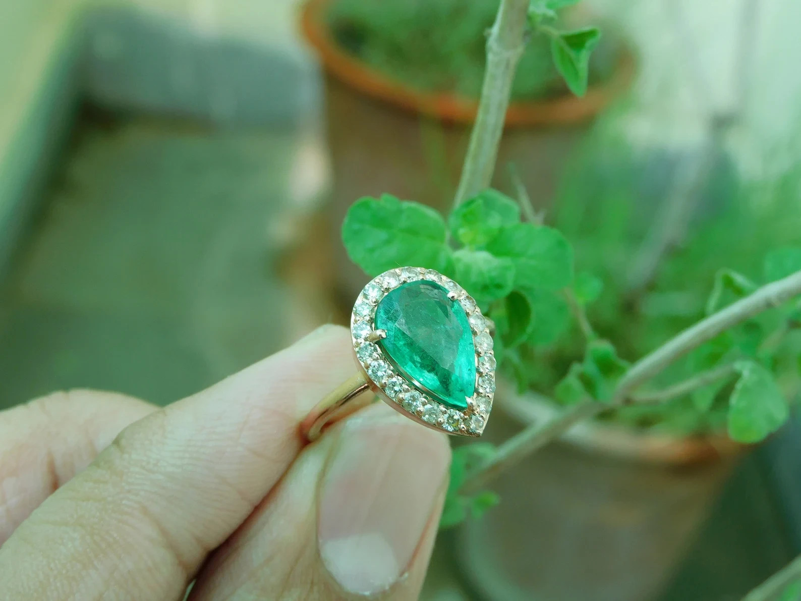 3.29Ct Pear Cut Natural Emerald Diamond Wedding Ring 14K Yellow Gold Size 6