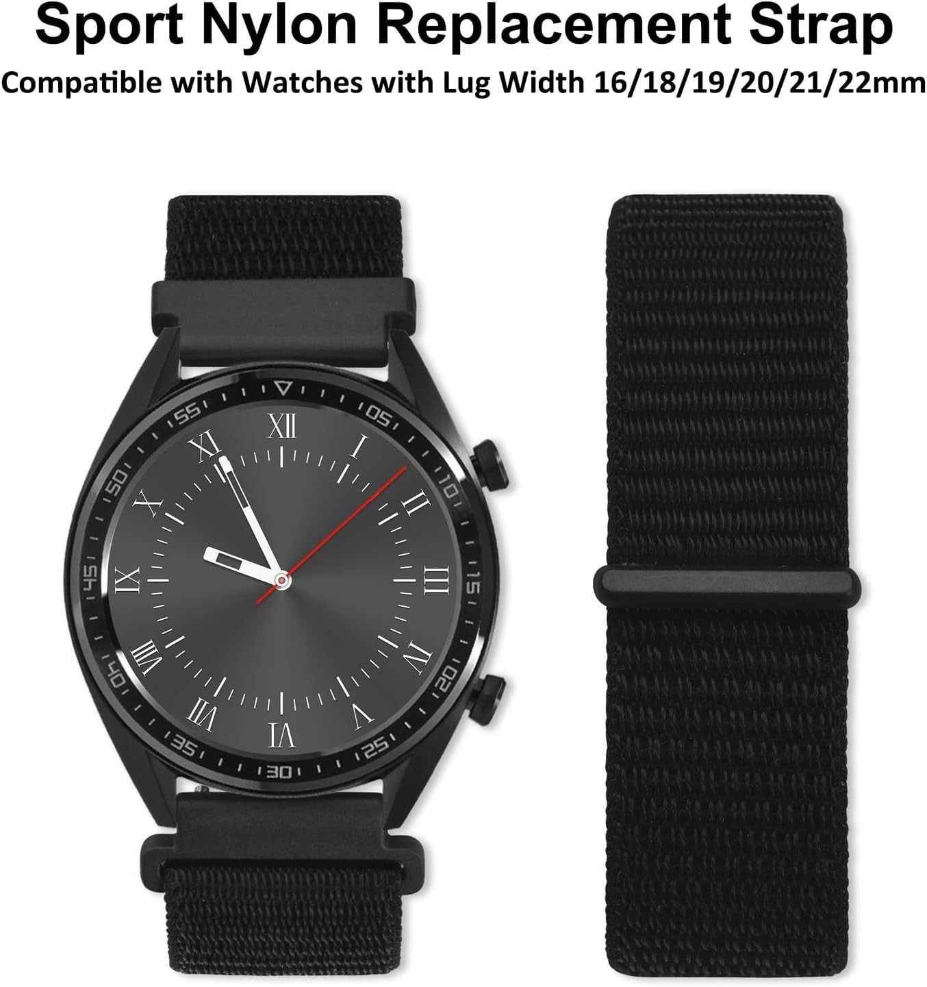 20mm Adjustable Nylon Watch Band – Quick Release Sport Loop Strap in Black