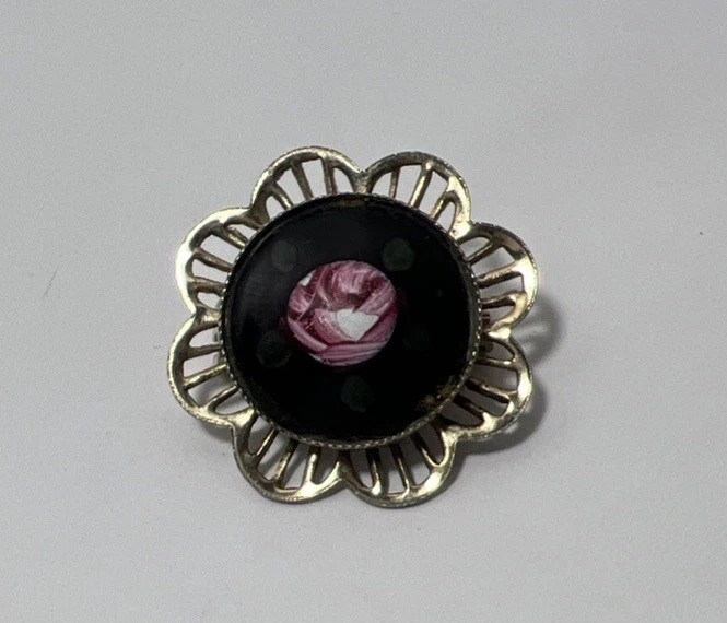 Pink Black Green Guilloche Enamel Painted Flower Gold Tone Metal Brooch Vintage