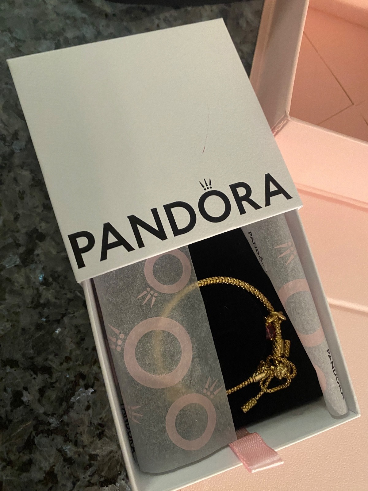 PANDORA Studded Chain Slider Bracelet 14K Gold Plated + 2 Charms + Box and Bag