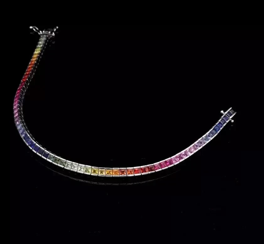 30Ct Princess Cut Lab Created Rainbow Tennis Necklace 14K White Gold Plated 18”
