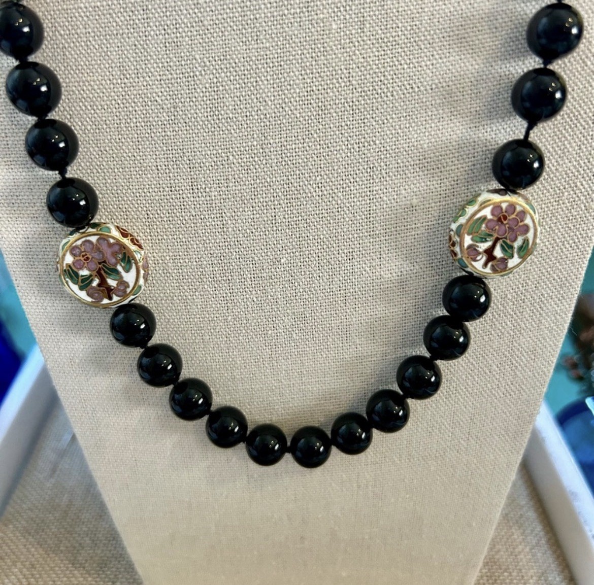 Vintage Onyx and Cloisonné Beaded Necklace Gatsby Victorian Art Deco