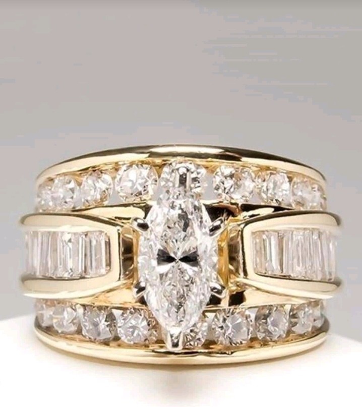 14K Gold-Plated Copper White/Colorless Marquise Ring Size 9 Round and Baguettes