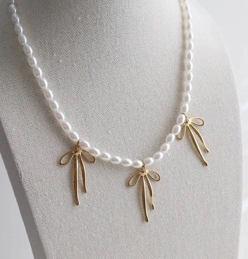 Freshwater Pearls with three Gold Bows—Pearl Bliss Bow Necklace NWOT $65