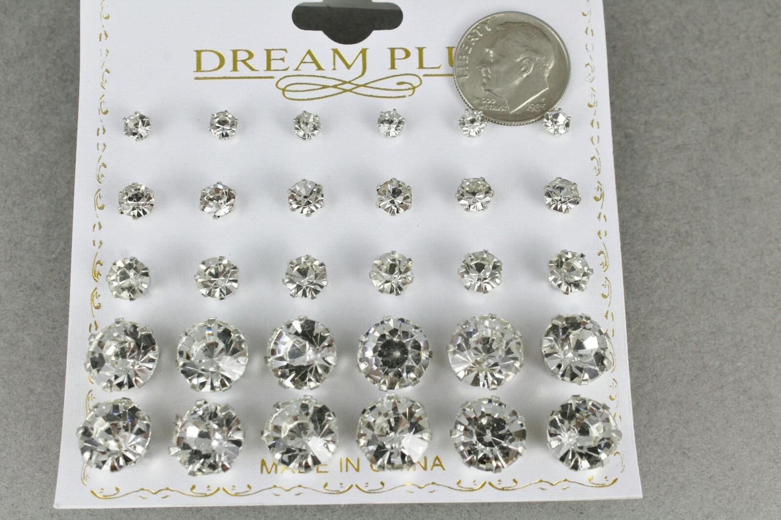 Set 15 pair Silver Clear post earrings graduated sizes 4mm 5mm 6mm 10mm stud