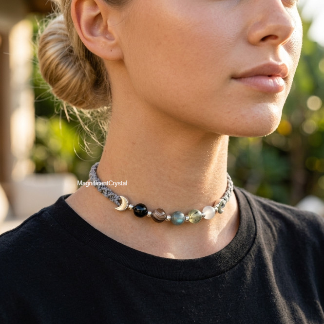 Double Moon Black Obsidian Smoky Quartz Moonstone Labradorite Selenite Choker