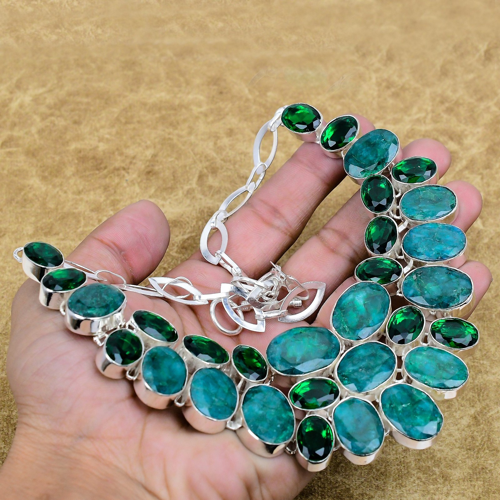 Natural Zambian Emrald, Diopside Gemstone Necklace 925 Sterling Silver Jewelry