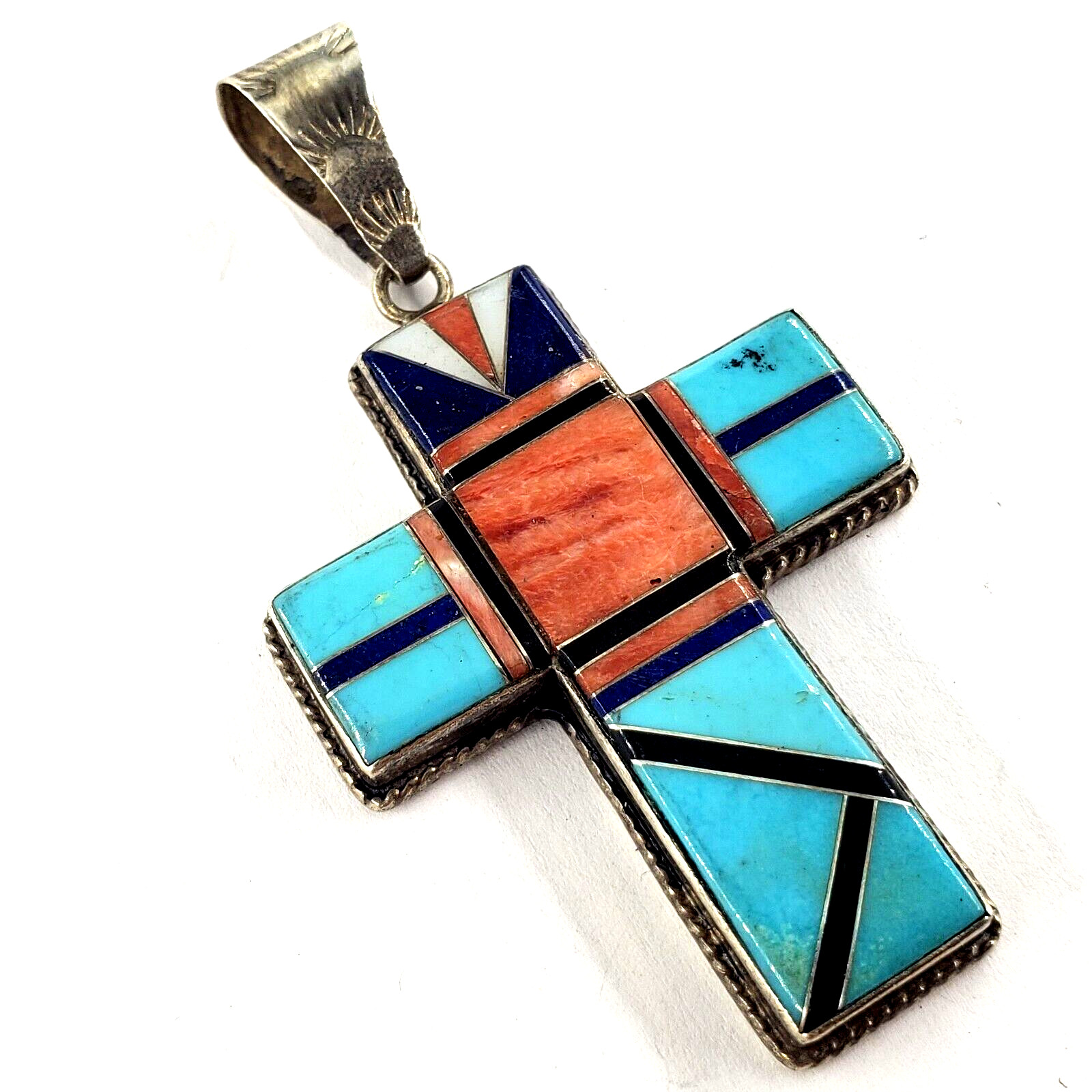 ROGER SKEET RS NAVAJO Sterling Silver Inlay Cross Pendant Turquoise Coral Native