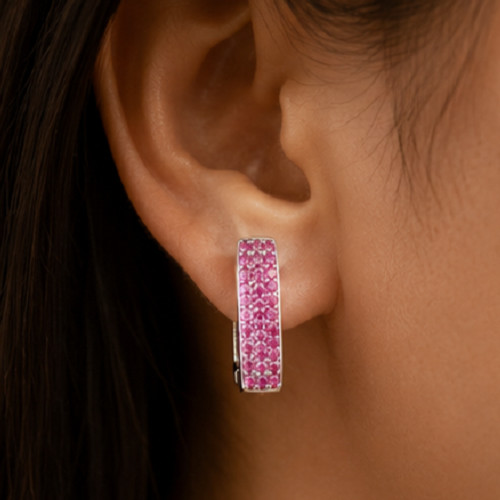 1.5ct Simulated Pink Ruby Rectangular Women’s Hoop Earrings14K White Gold Plated