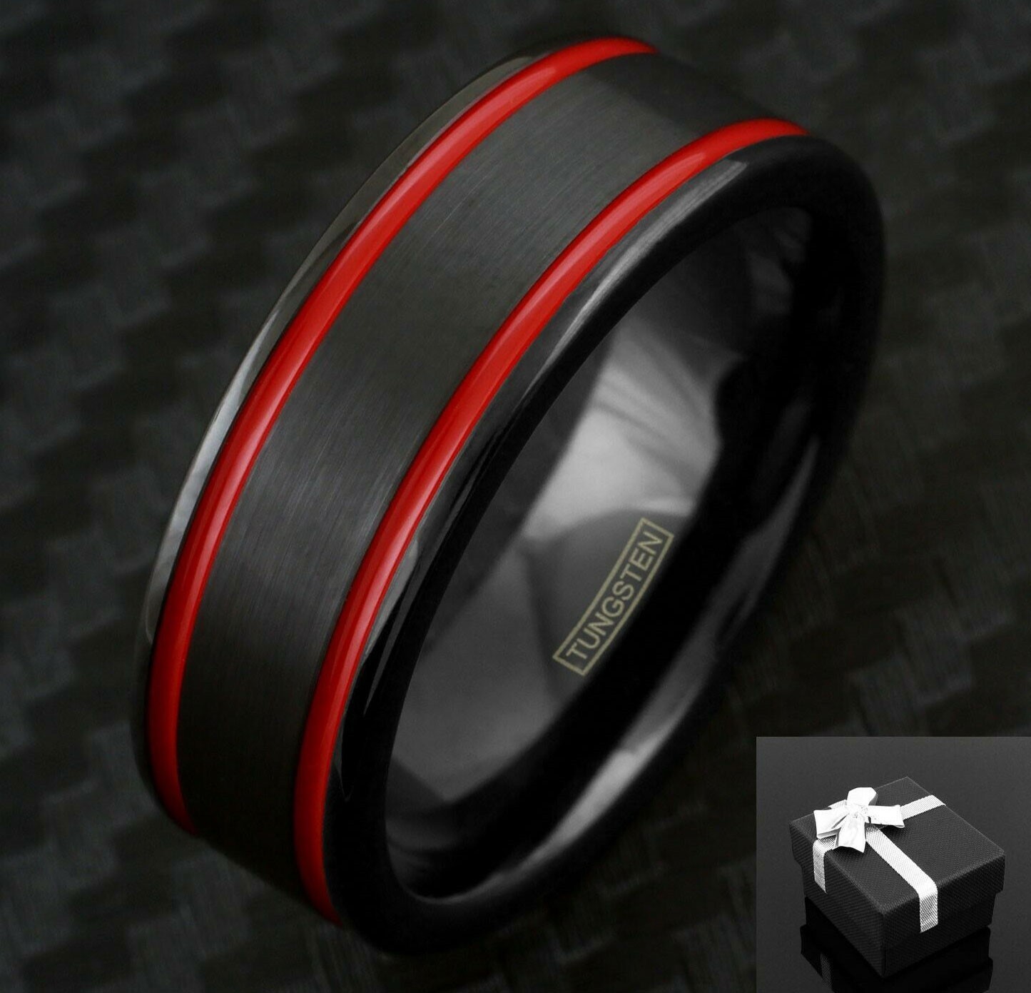 8mm Black Tungsten Men’s Double Red Racing Stripes Wedding Band