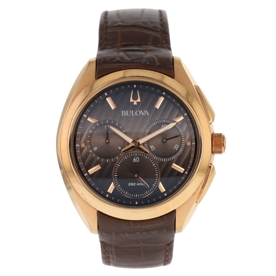 Bulova Curv Chronograph 45mm Black Dial Quartz Leather Strap Men’s Wristwatch