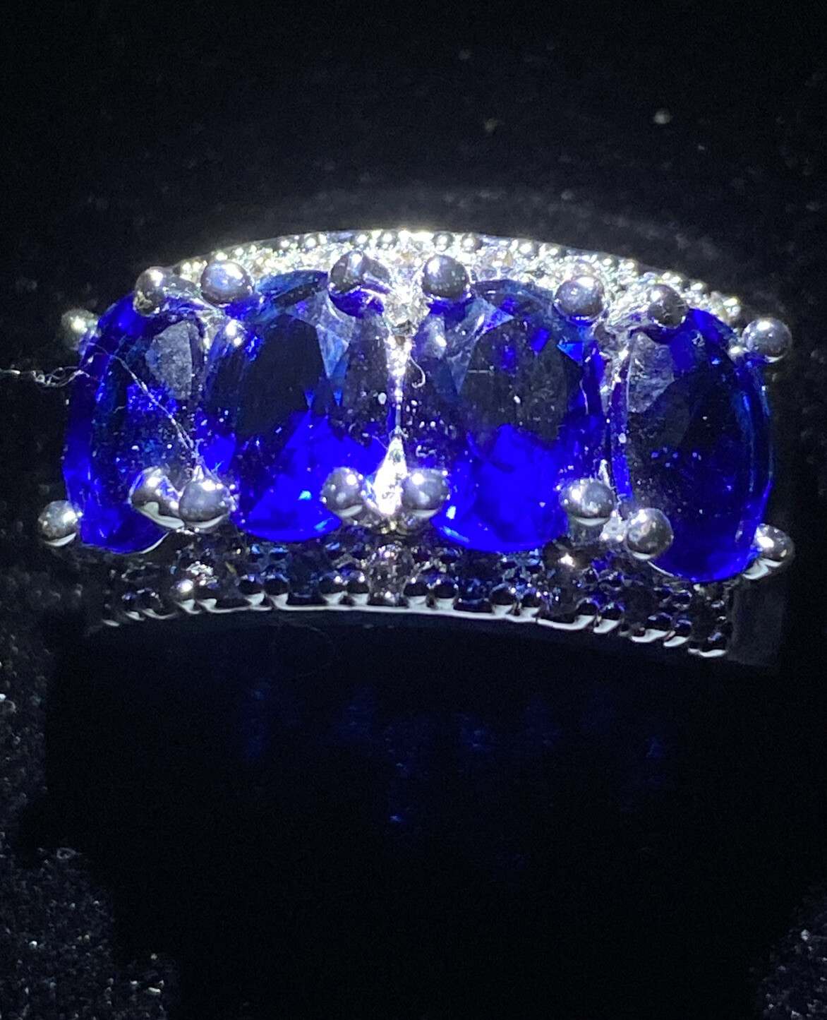 Created White Sapphire And Blue Diamante Ring. 4 Stone Wide Band Size P1/2 56