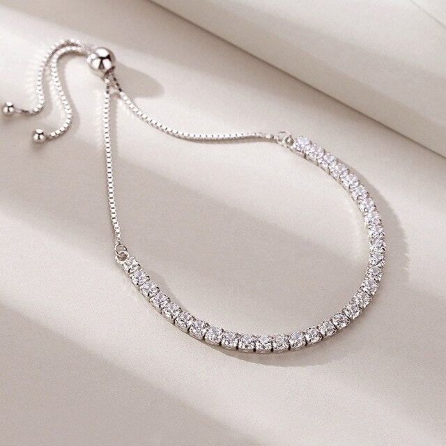 Elegant Bolo Adjustable Slider Tennis Bracelet Box Chain and Cubic Zirconia Gems