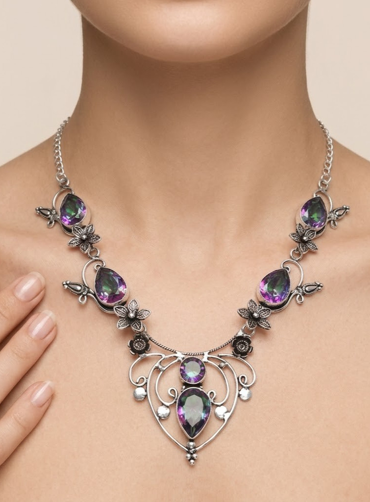 Mystic Topaz Gemstone 925 Sterling Silver Jewelry Necklace Size-17-18″