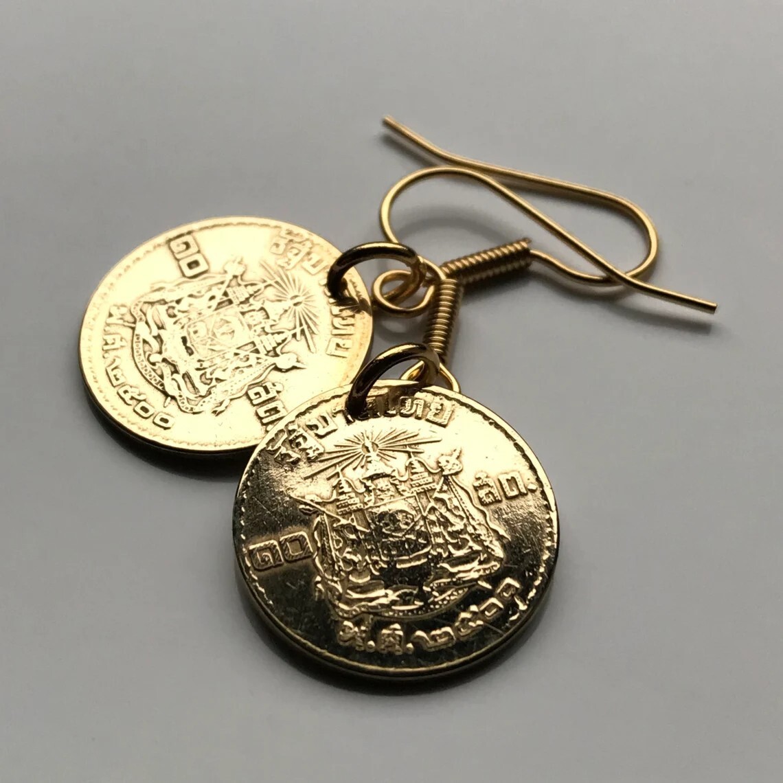 1957 Thailand Siam coin earrings Wat Arun Erawan Lan Xang Bangkok Phuket e000388
