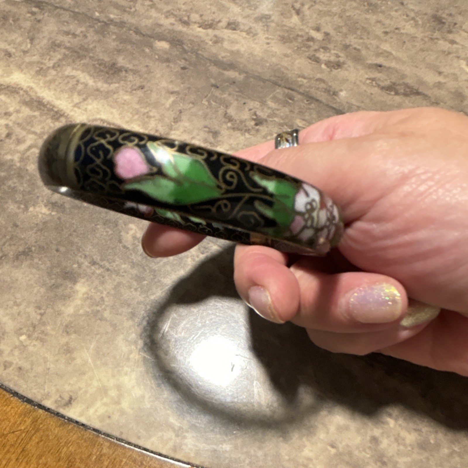 Black Floral Bangle Bracelet Round Design Green Pink White Flowers Plants