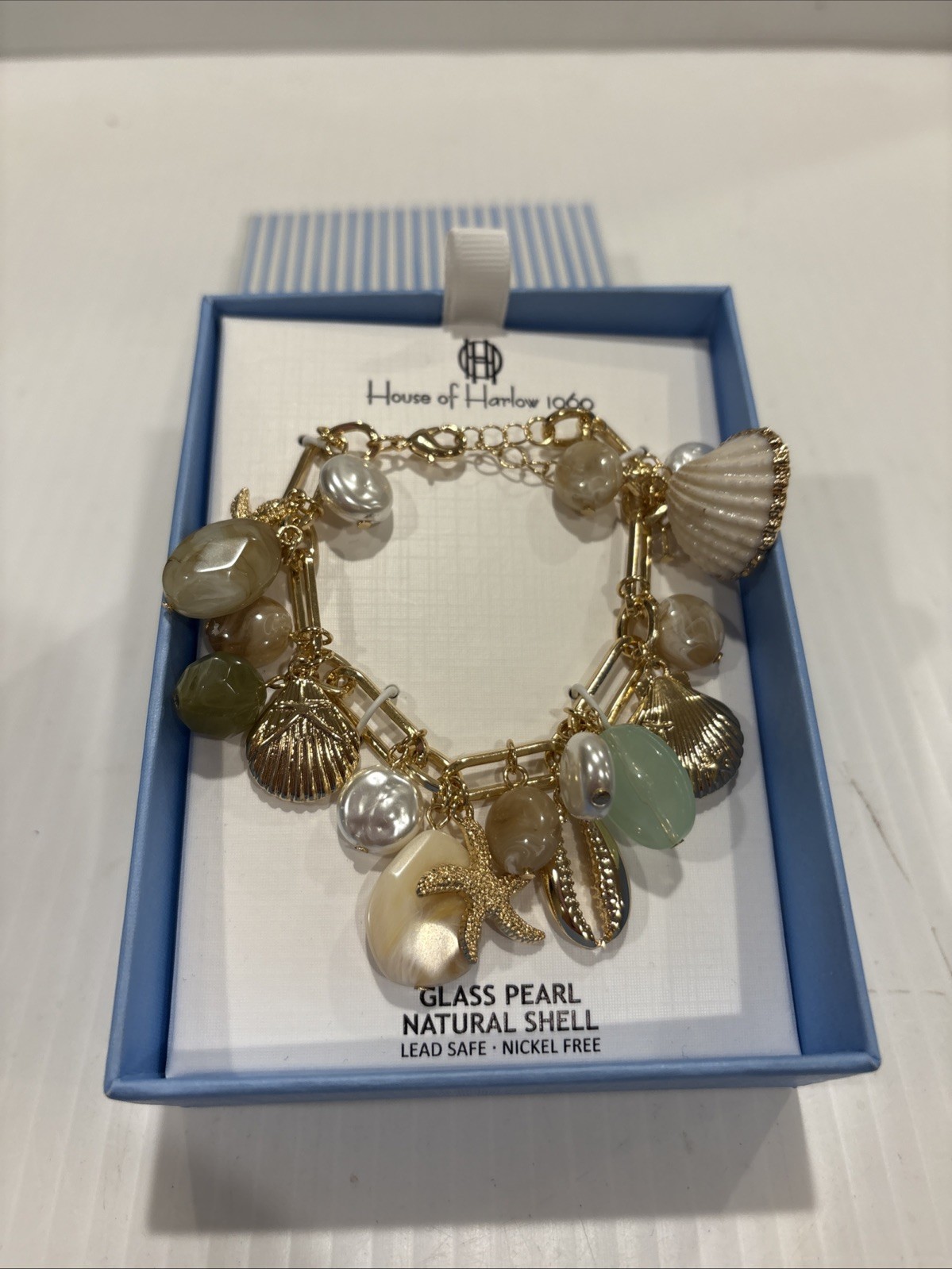 House of Harlow Glass Pearl and Natural Shell Beach Charm Bracelet NWT