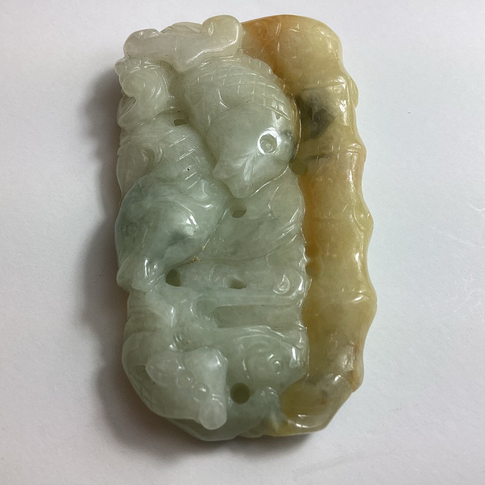 Light Tan Jadeite 2 Fish, Lucky Coin, Bamboo Translucent Pendant