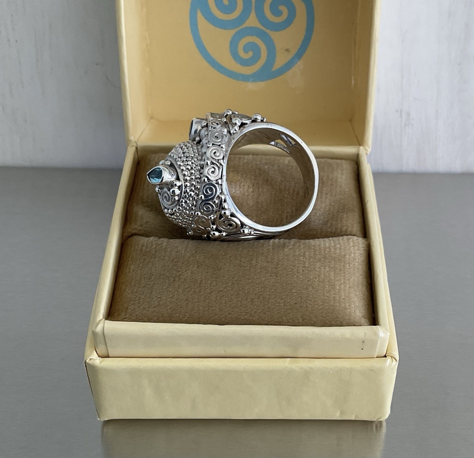 Sajen Carved Obsidian Goddess Face & Blue Topaz Ring 925 Sterling Silver Size 7