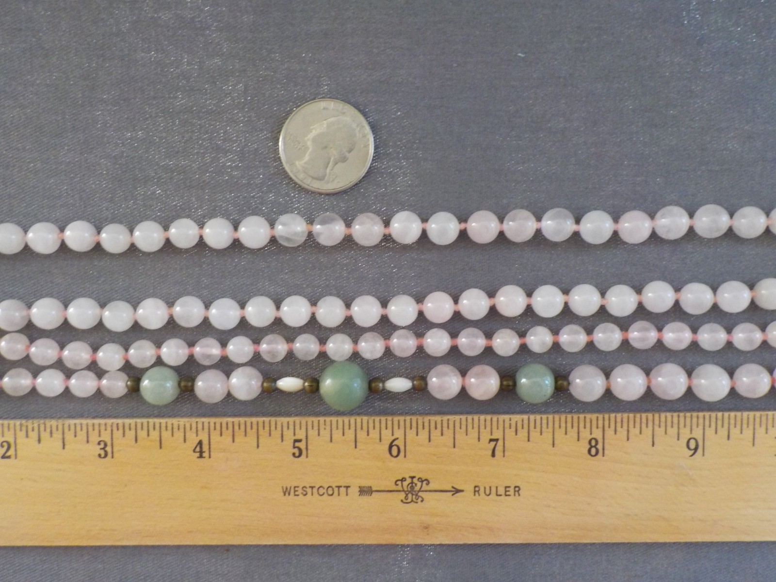 Light Pink Quartz & Green Stone (2) Single Strand Necklace Knotted Bead No Clasp