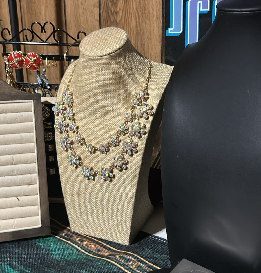 MONET Gold Tone AB Crystal Flower Bib Statement Necklace Adjustable Chain