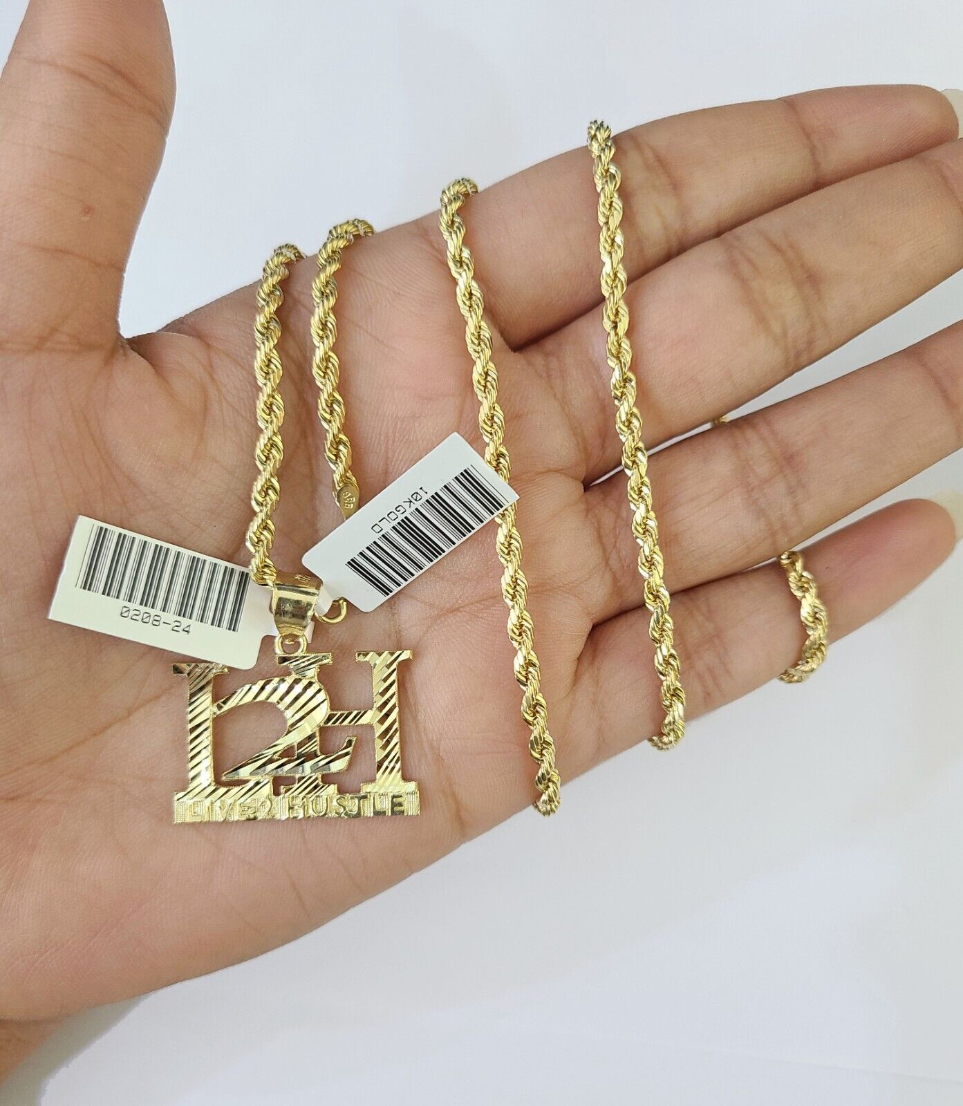 Real 10k 3mm Rope Chain L2H Pendant 18″ 20″ 22″ 24″ 26″ Gold Set