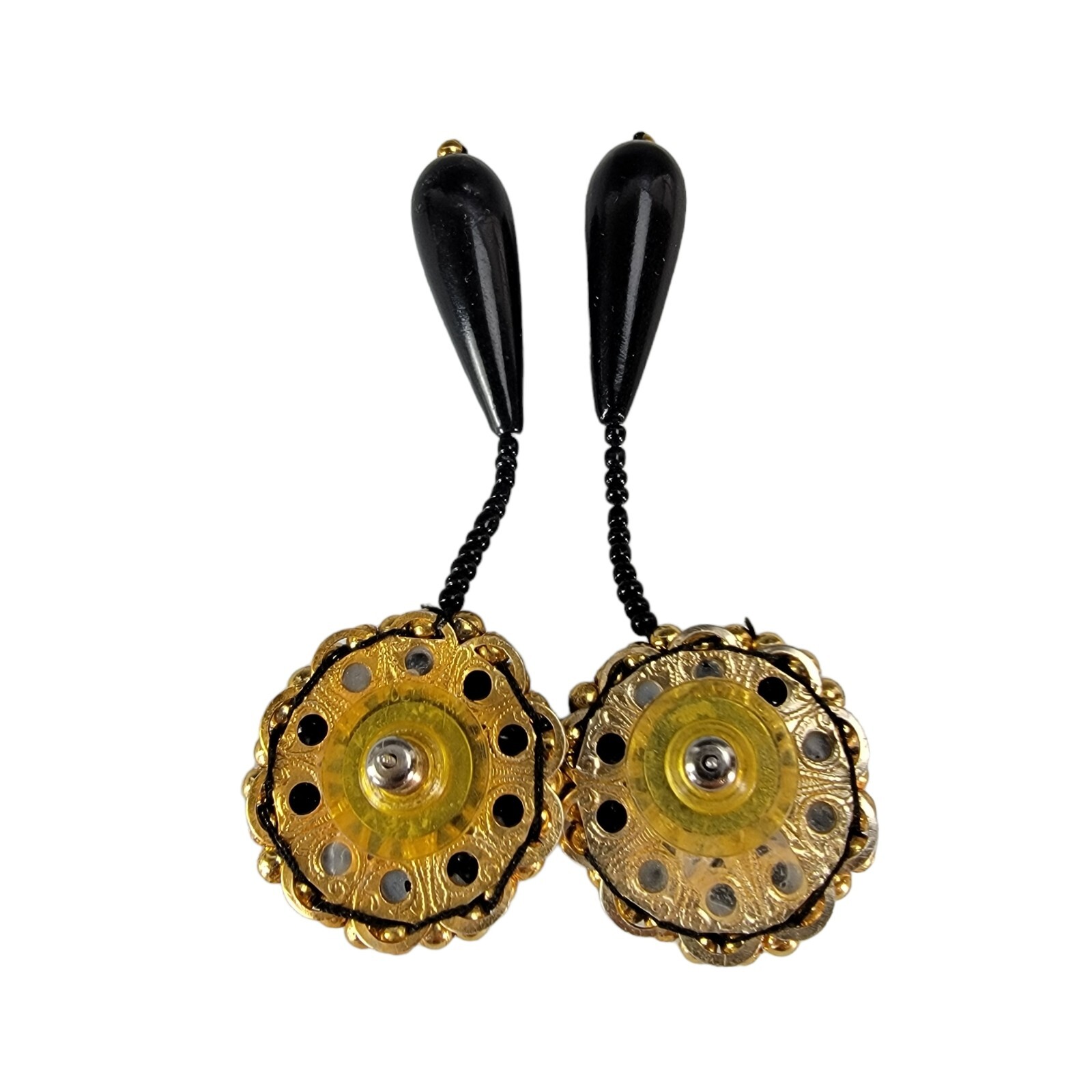 Vtg Gold Black Beads Drop Earrings Pair Teardrop Women Retro Jewelry 1980’s