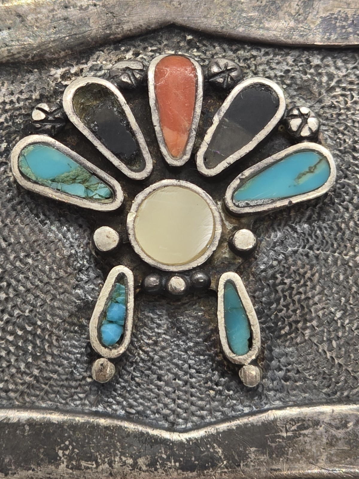 Vtg 1970s Navajo Sterling Silver Turquoise Coral Buckle Pendant Set Signed Begay