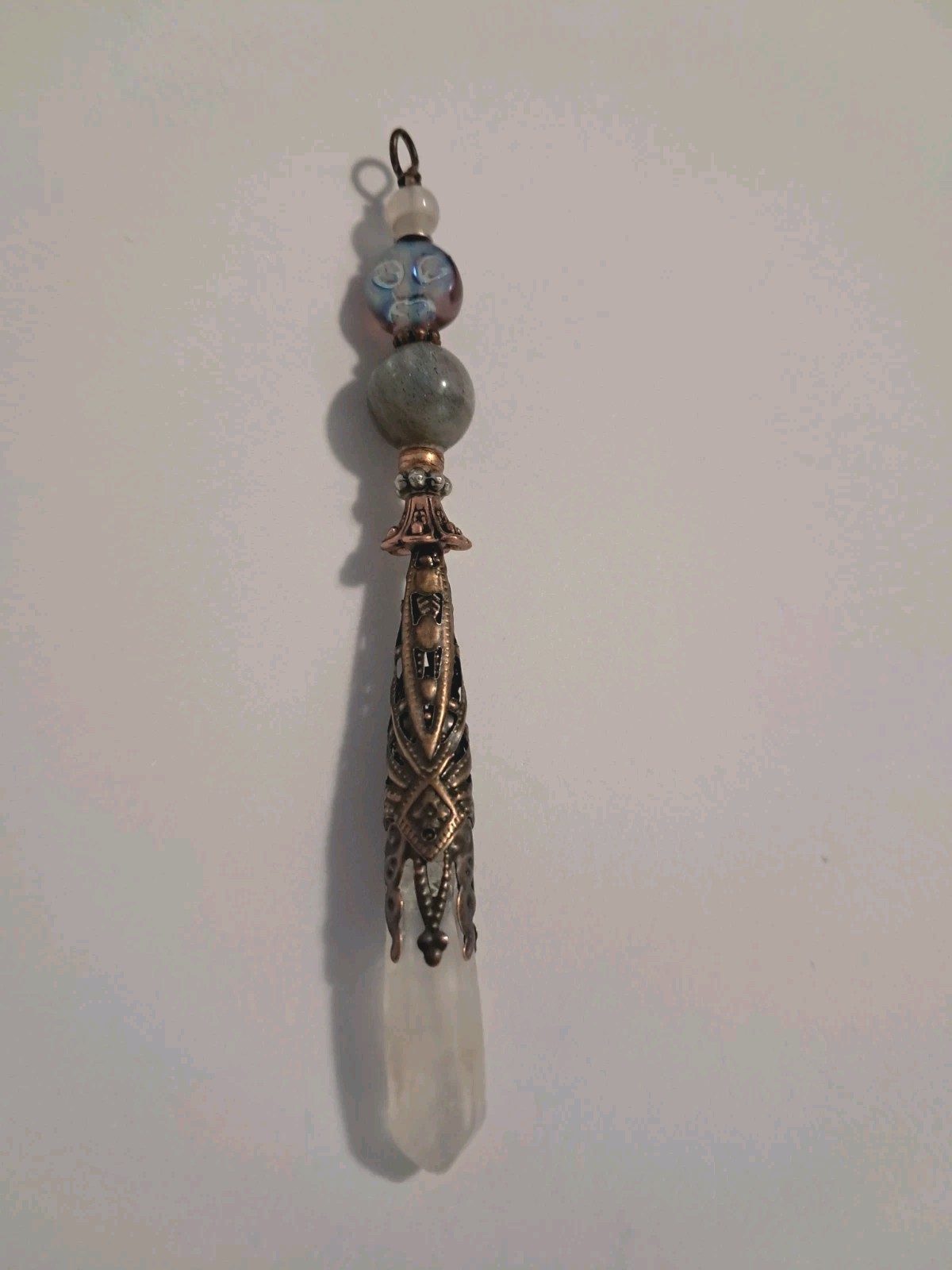 LABRADORITE R MOONSTONE & Glass Purple AB MOON FACE MILKY QUARTZ Crystal PENDANT
