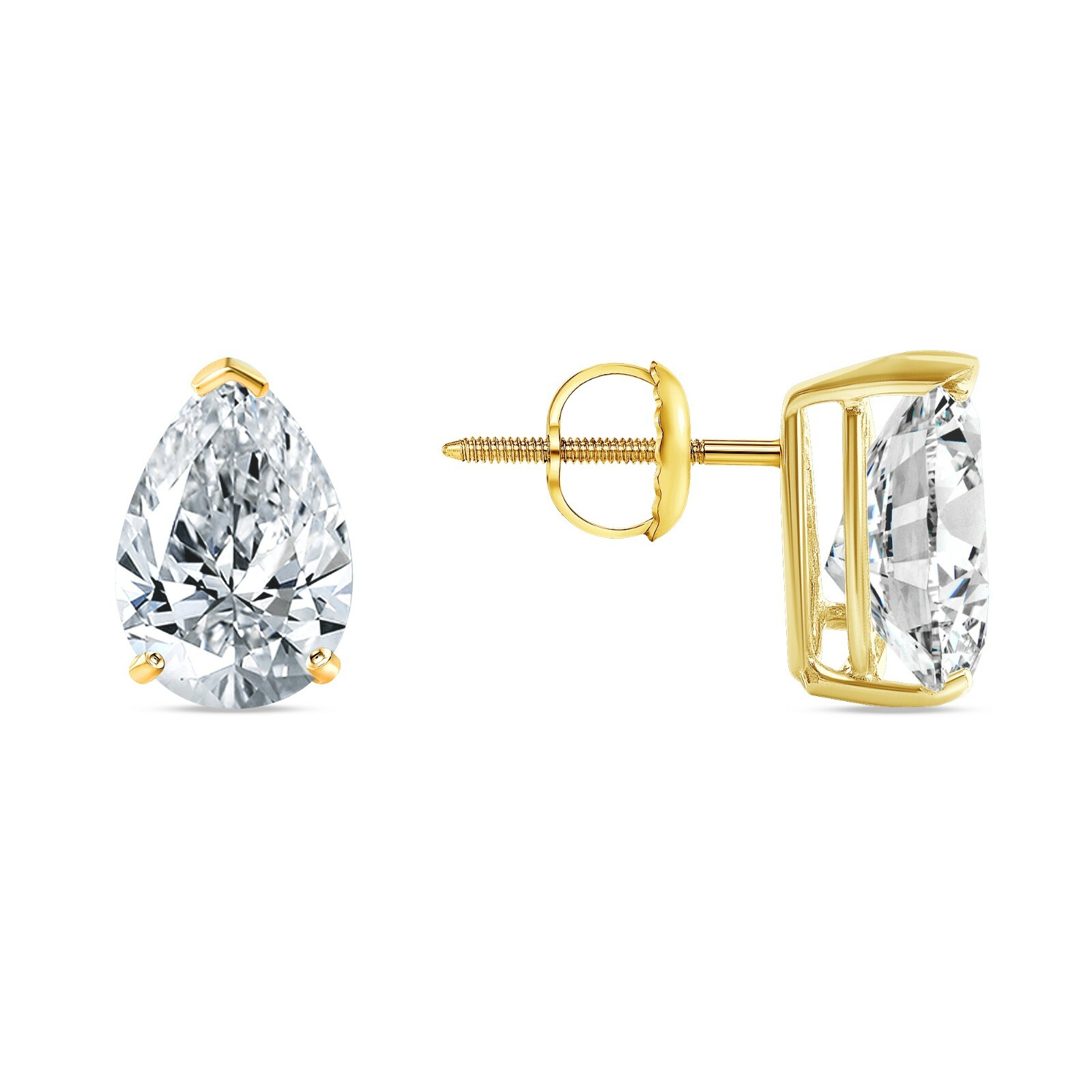4 Ct Pear Teardrop Created Diamond Earrings Real 14K Yellow Gold Basket Screw