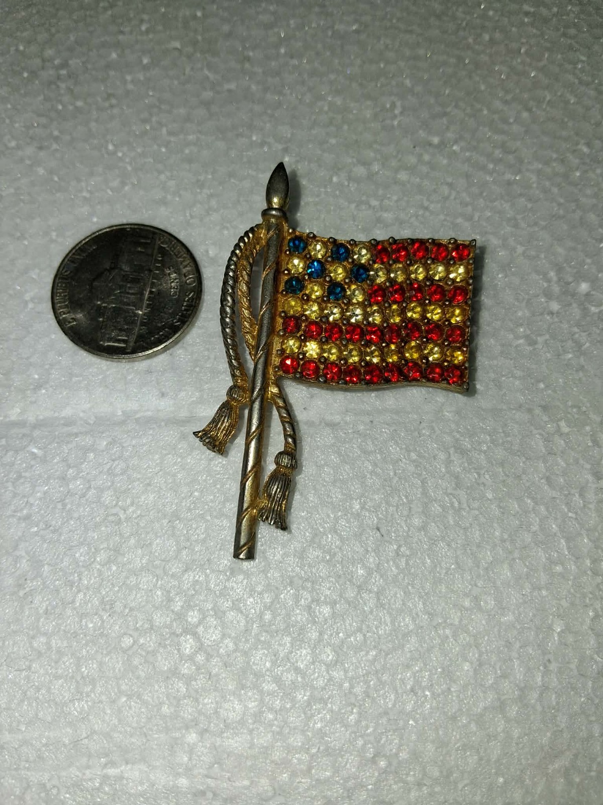 Vintage Rafaella Rhinestone American Flag Brooch Patriotic Red White Blue