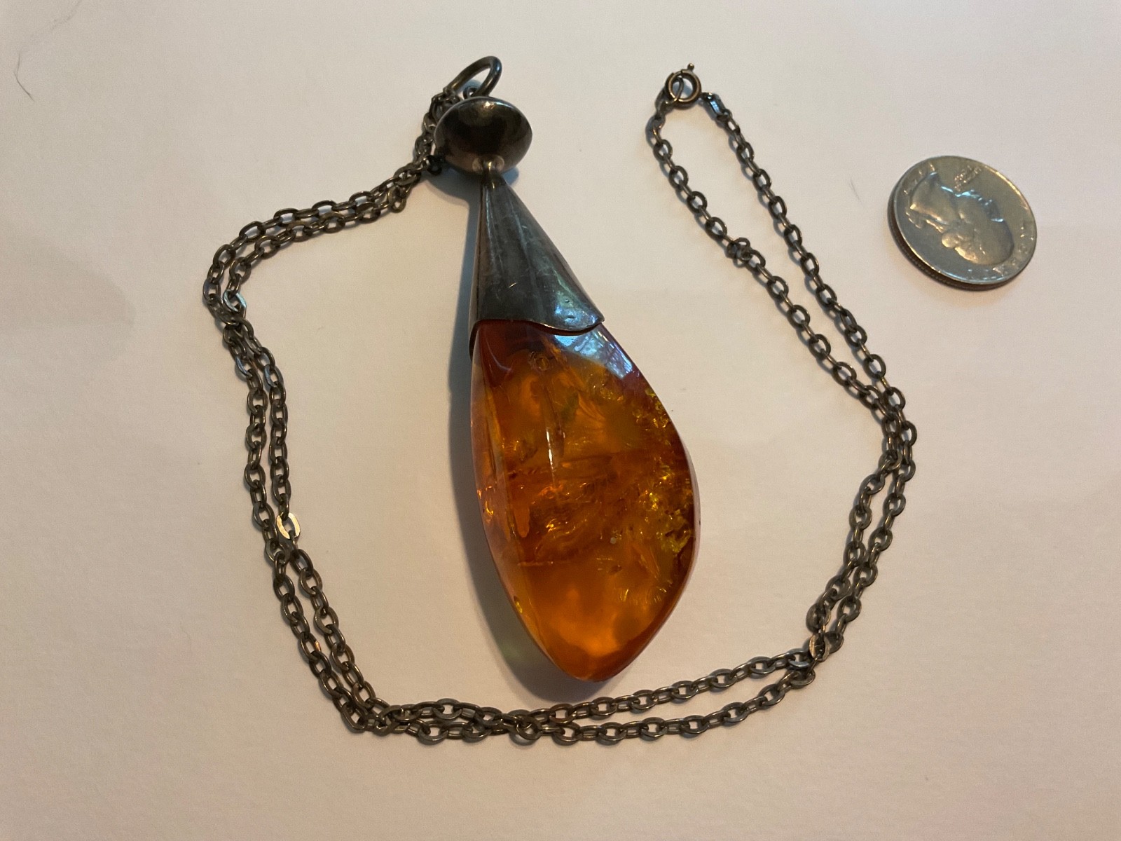 Vintage Massive Baltic Amber Sterling Silver Pendant Drop Necklace 25″