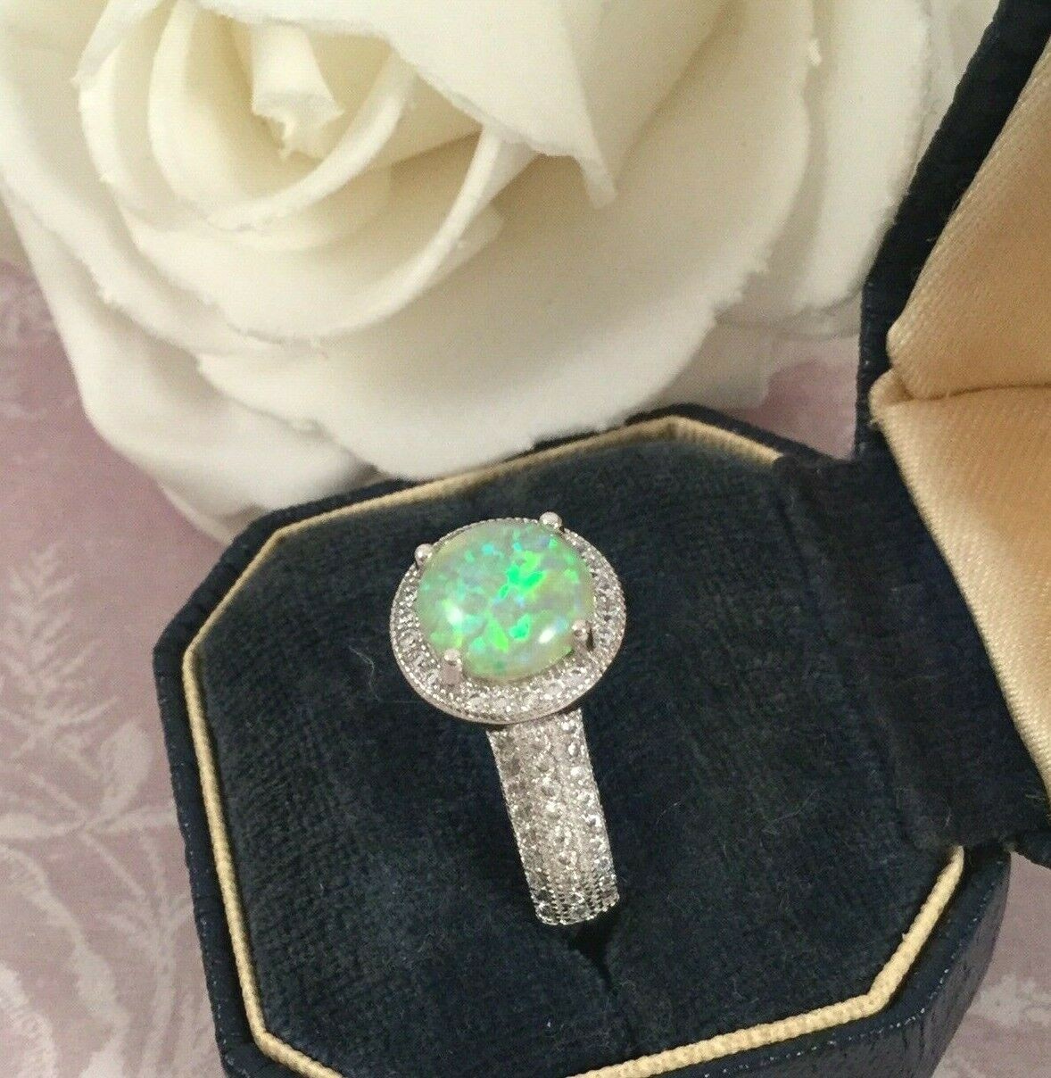 Vintage Jewellery Gold Ring Opal White Sapphires Antique Deco Jewelry large 9