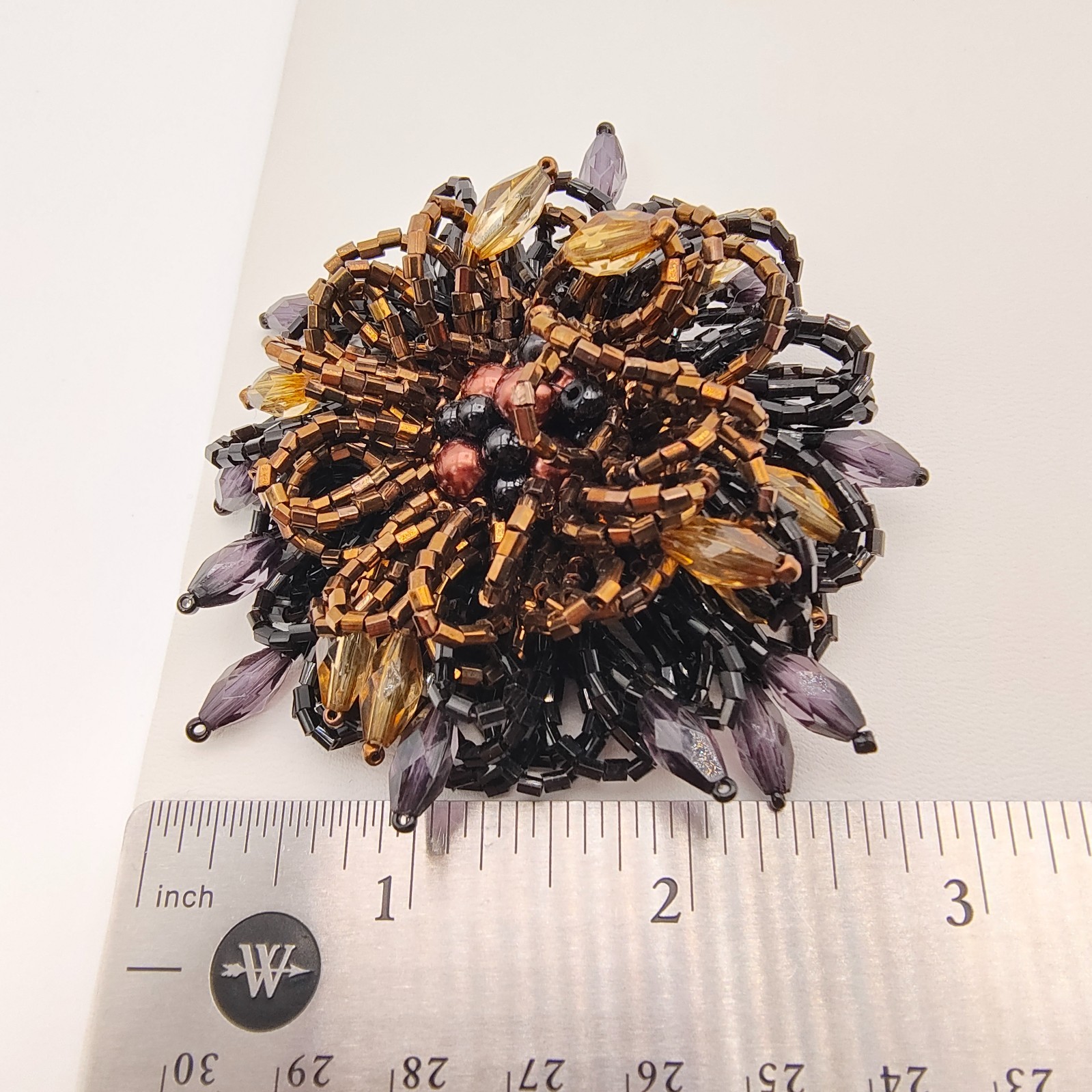 Beaded Flower Brooch Brown Black Boho Glam Maximalist Style Fashion Large