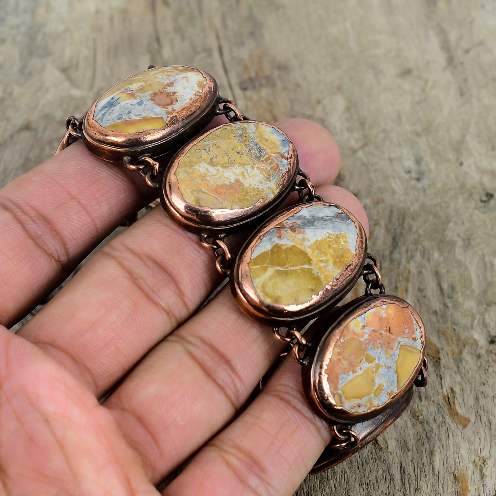 Copper Maligano Jasper Stone Electroformed Chain Bezel Elegant Bracelet Jewelry