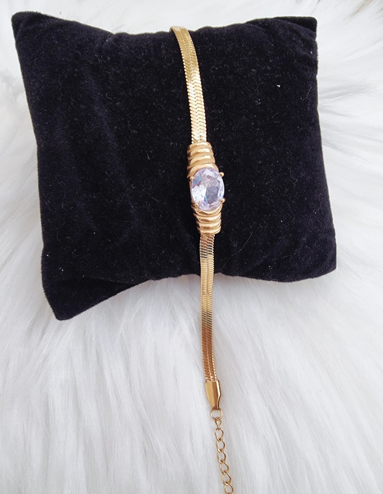 Gold Oval White Stone Bracelet/ Stainless Steel / Adjustable