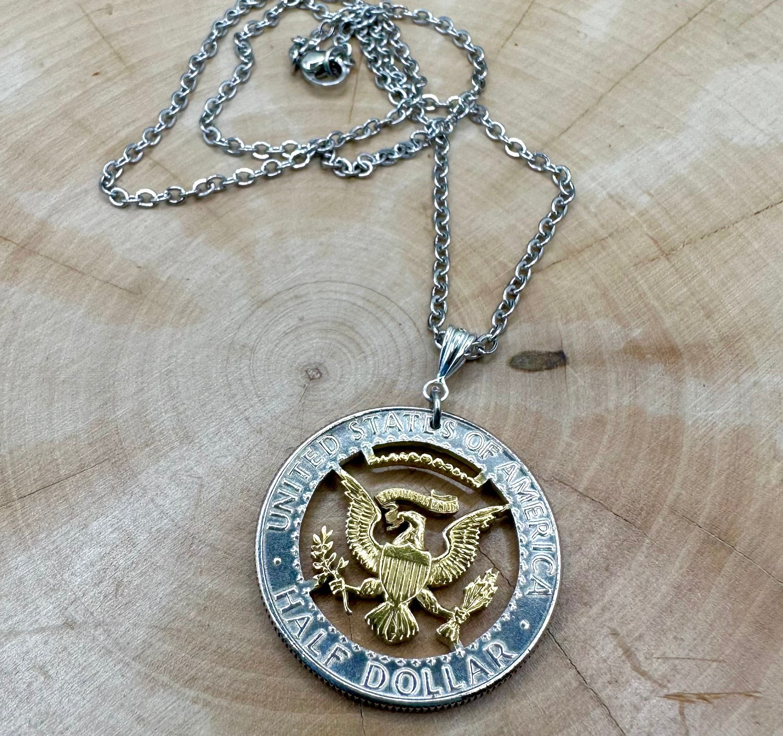 U.S. “Eagle” 40% Silver Half Dollar Hand Cut Coin Necklace 18″ NEW