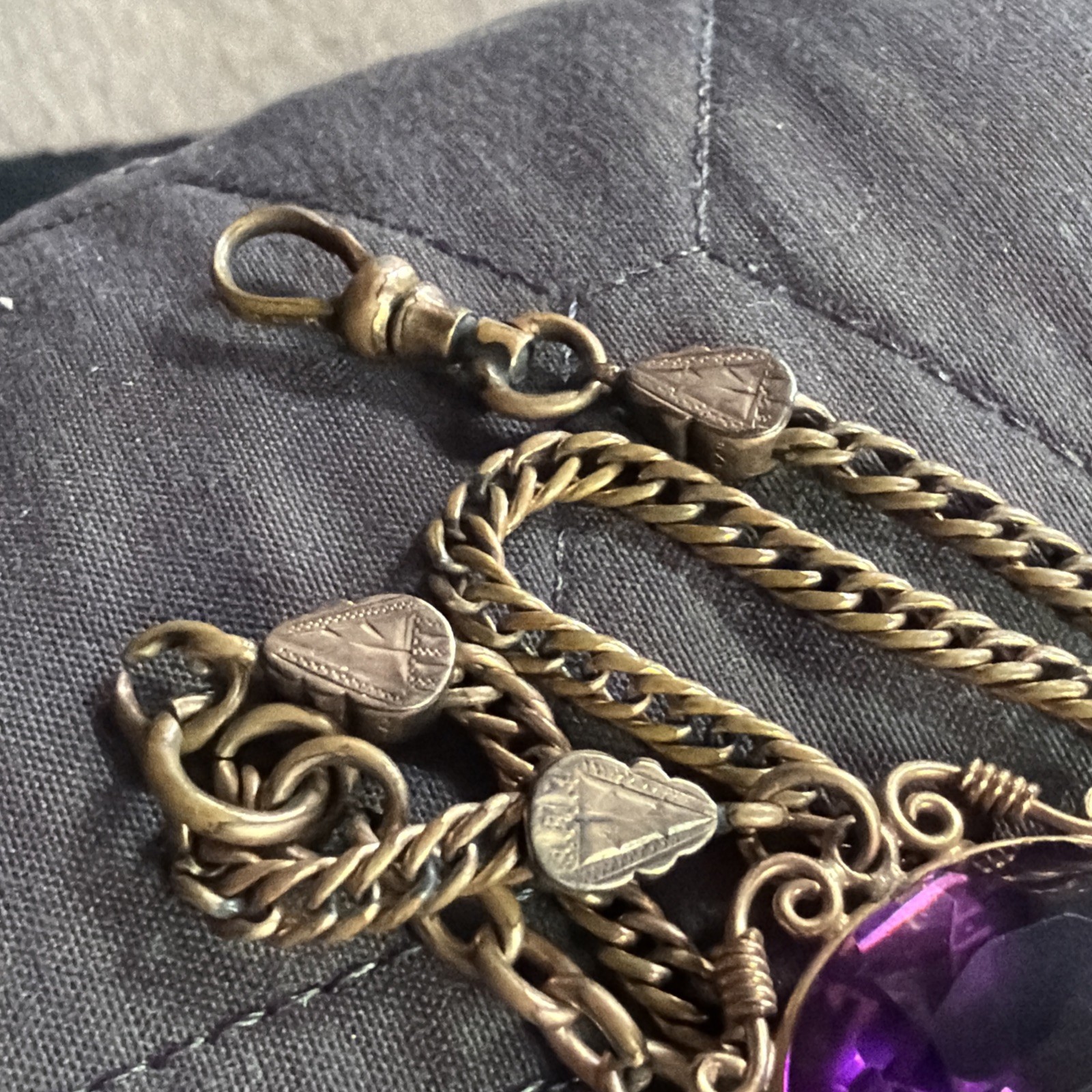 Victorian 23g Watch Chain 13” Gold Filled H.B. Co Gold Fill Purple Crystal Fob