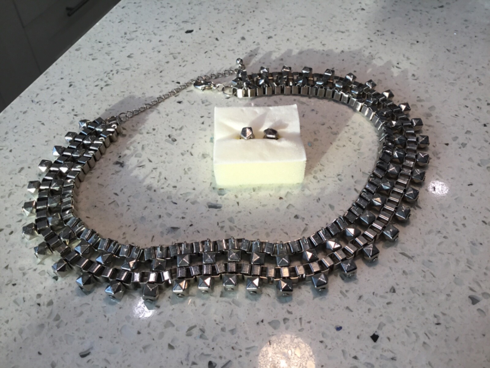 Silver Tone Stainless Steel Box Link Type Hinge Necklace with Earrings