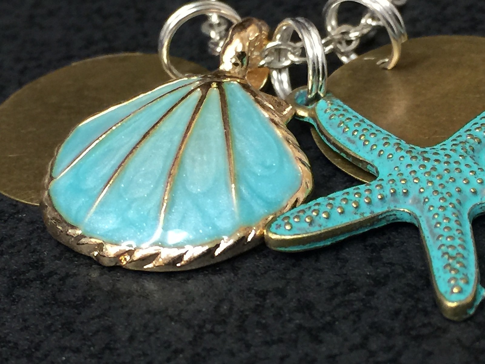 Beach Theme Sea Shell Gold & Teal Starfish Charm Tibetan Silver 18″ Necklace B20