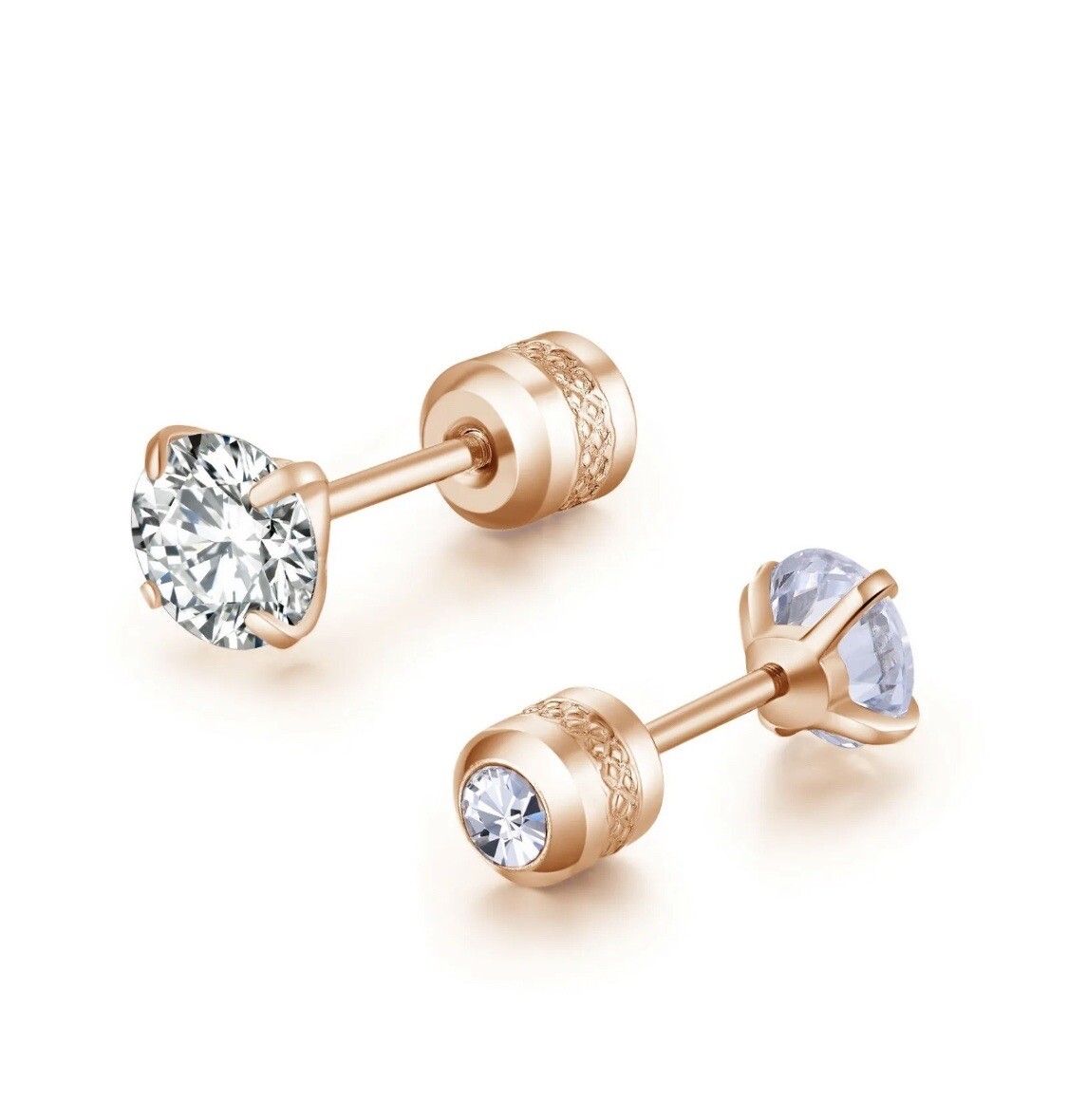 2PCS Silver Stainless Steel Round CZ Earrings Screw Back Ear Stud for Men Women