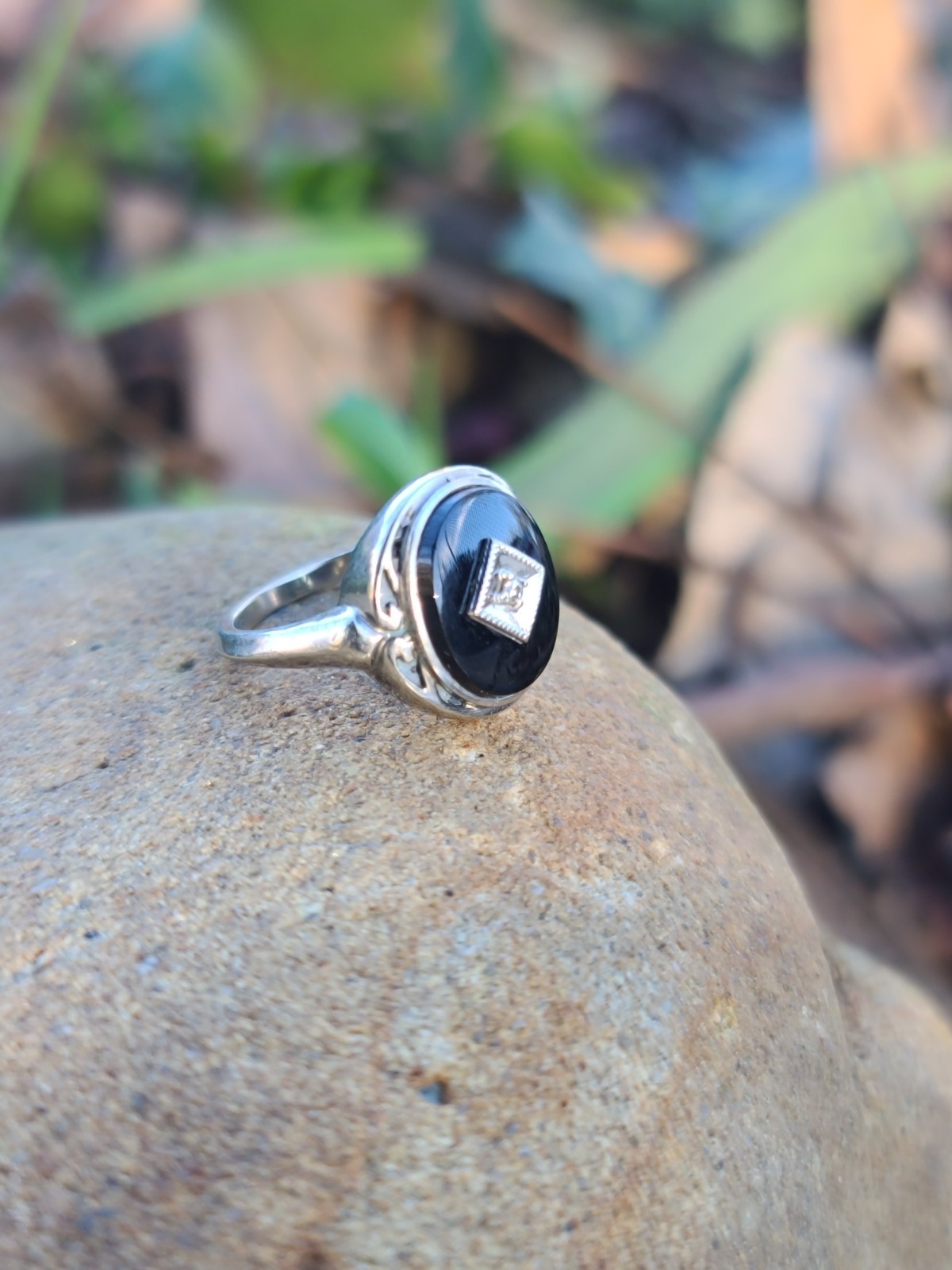 VTG 10k Solid White Gold Diamond Black Onyx Art Deco Ring 4.75sz Signed 3.29gr