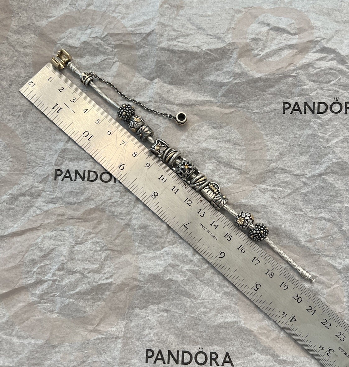 authentic pandora bracelet with charms – Retired – RARE – pre owned Two Tones