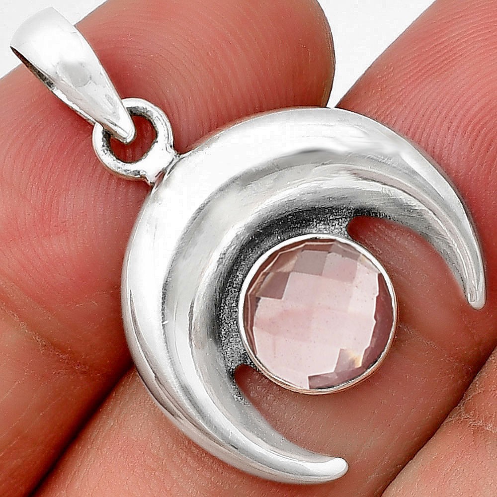 Crescent Moon – Rose Quartz Checker 925 Sterling Silver Pendant Jewelry P-1014