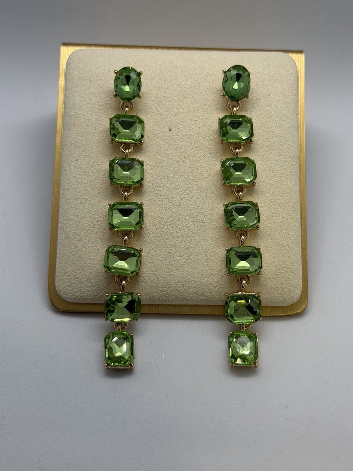 Green Crystal Rectangle Dangle Drop Earrings Gold Tone Prong Set 3.75 in