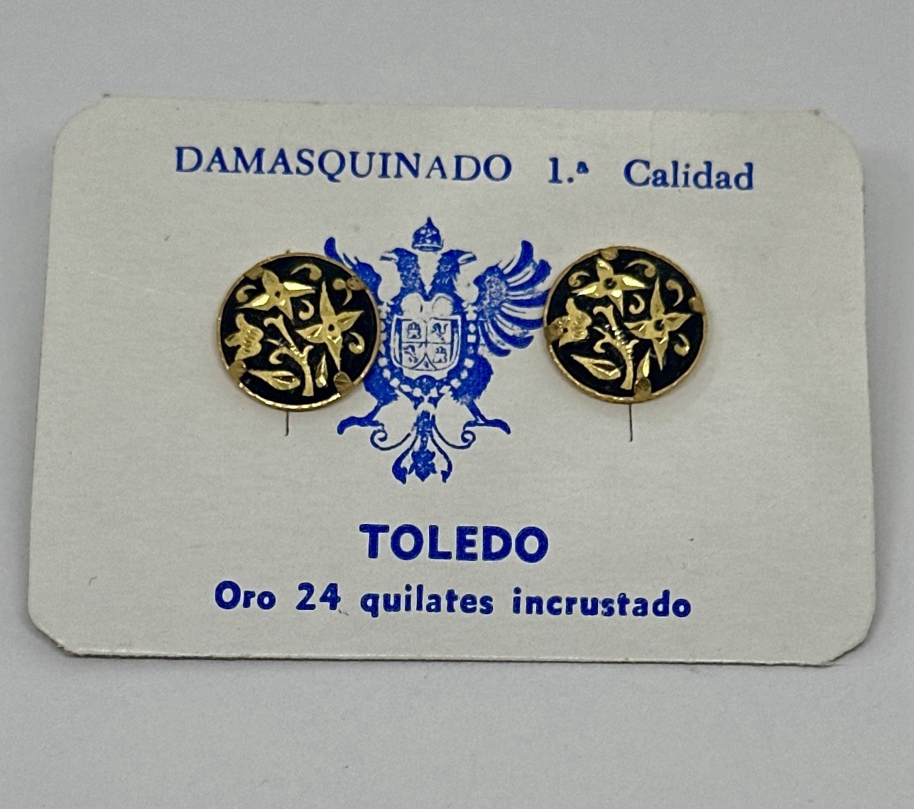 Damascene Spanish Flower Stud Earrings Vintage Toledo Spain 24k Gold Inlay