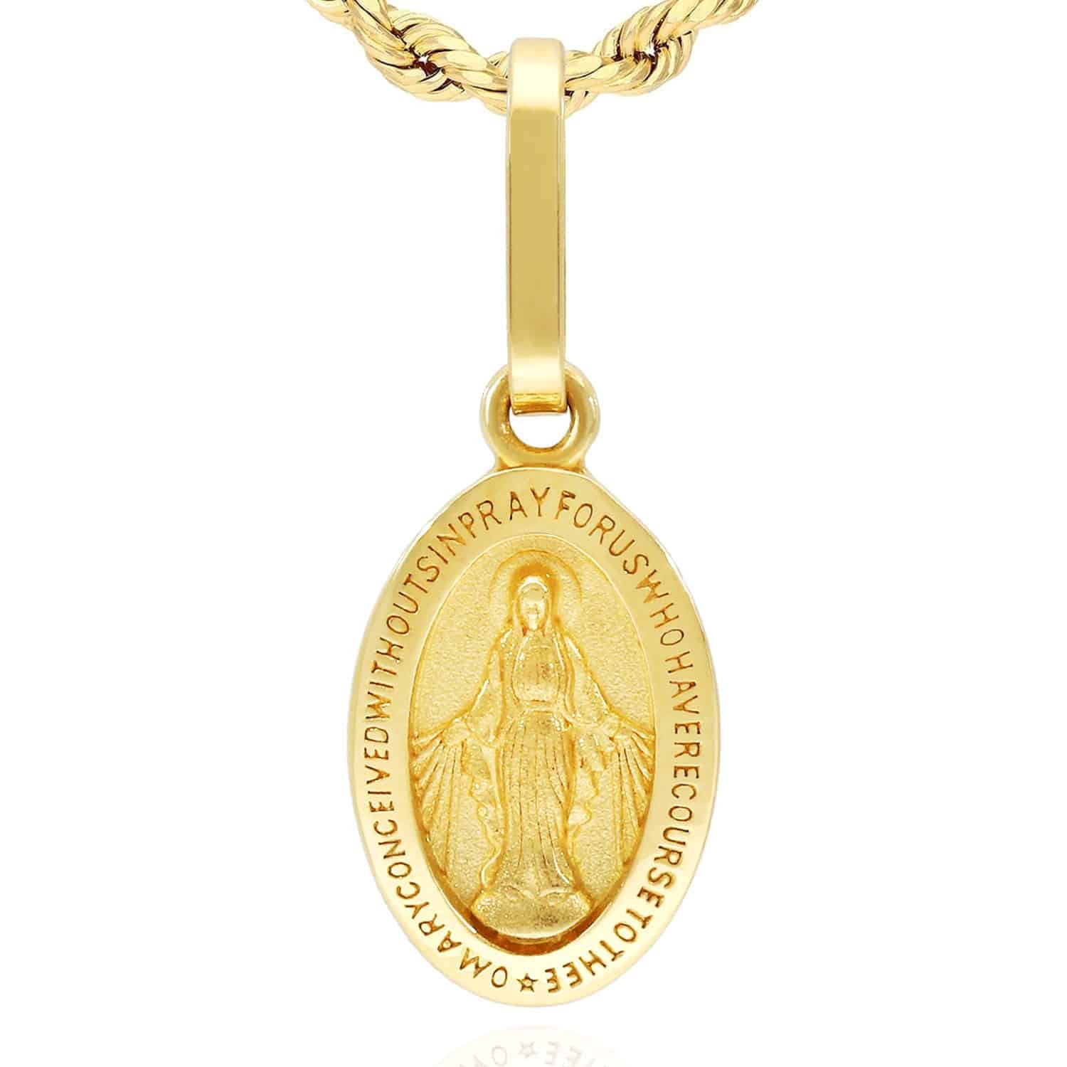 14K Yellow Gold Religious Miraculous Oval Medal Pendant 0.78″