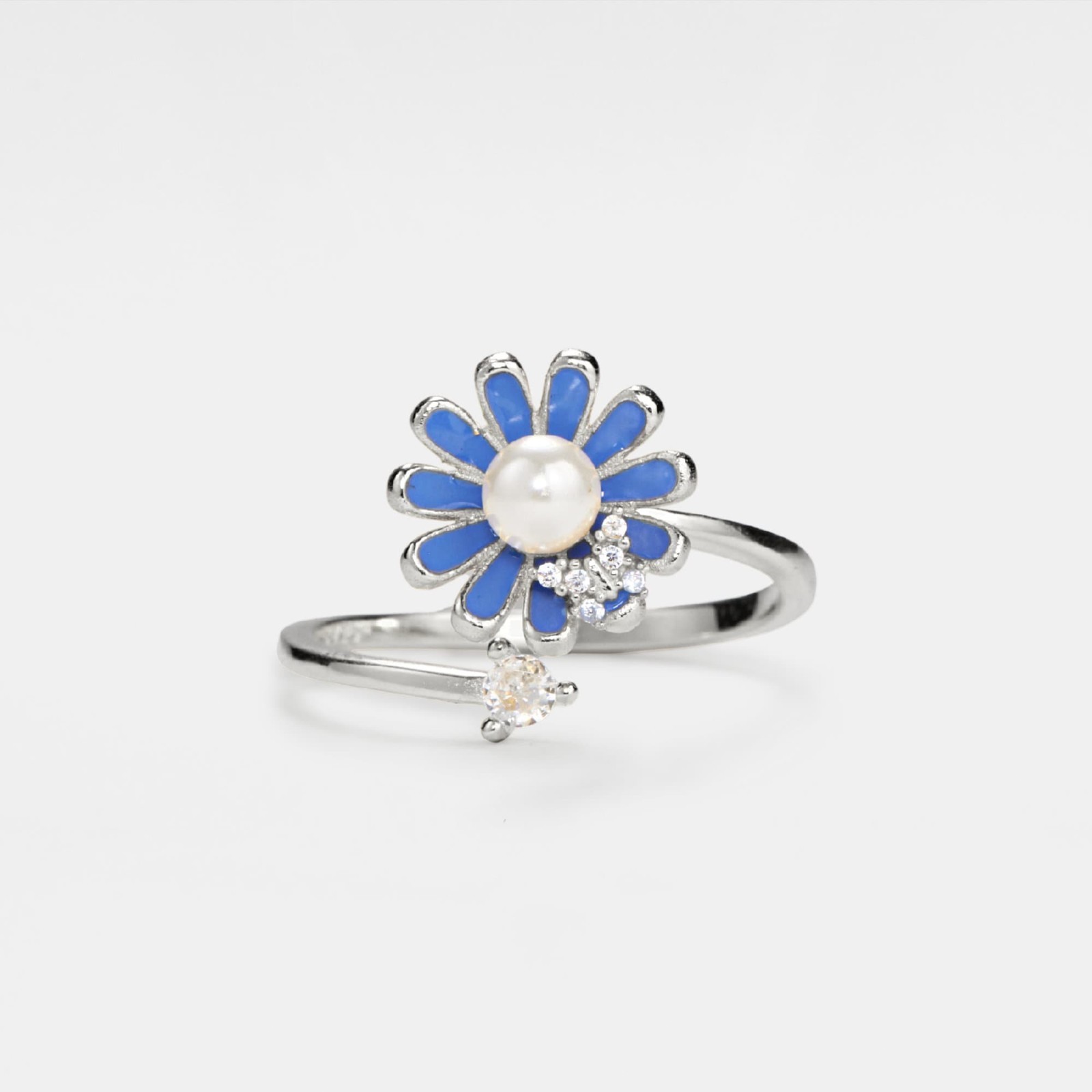 Blue Daisy Pearl Butterfly Flower Fidget Spinner Ring in 925 Sterling Silver