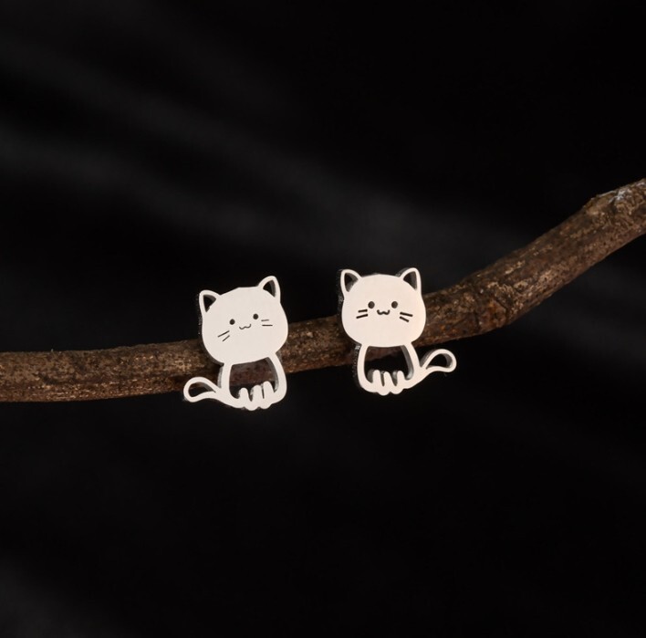 Titanium Silver/Gold/Black Fat Cat Kitten Stud Earrings