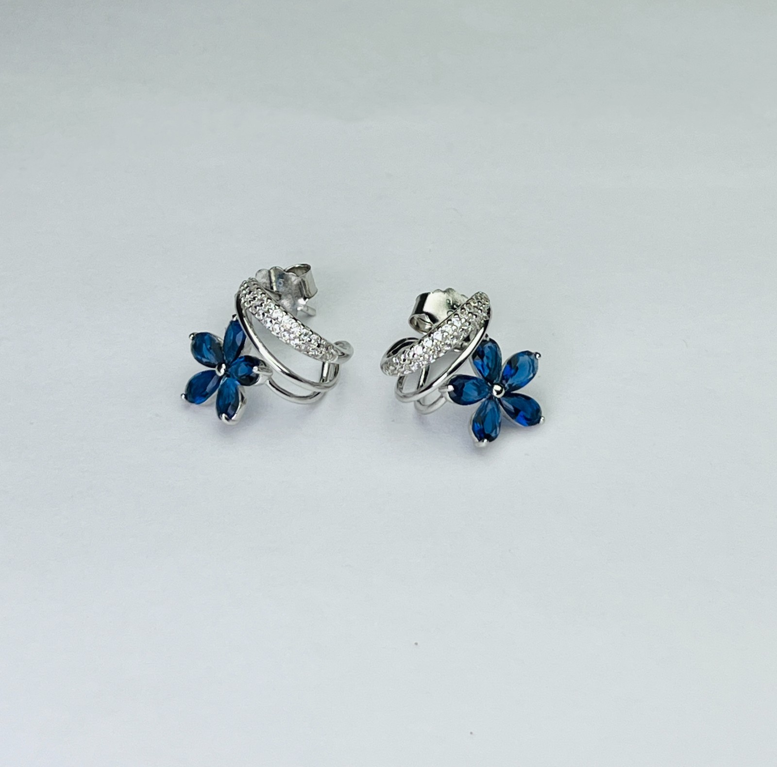Silver Blue Flower Earrings Gift for Women